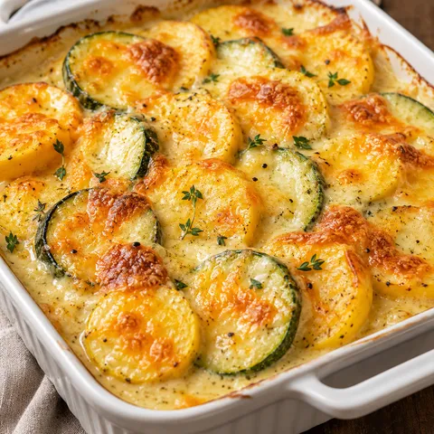Creamy zucchini and yellow squash gratin with golden cheese and thyme