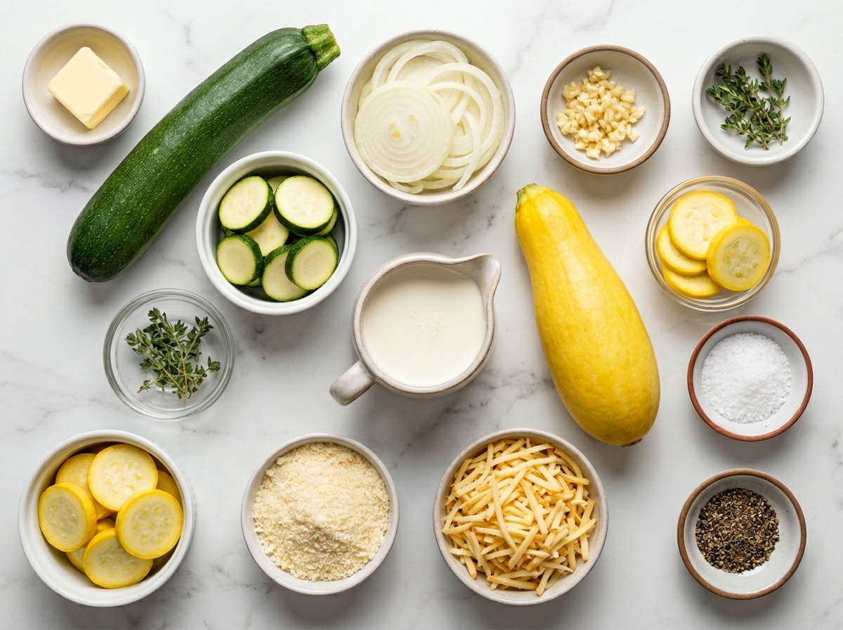 Zucchini, yellow squash, cream, garlic, Parmesan, gouda, and thyme