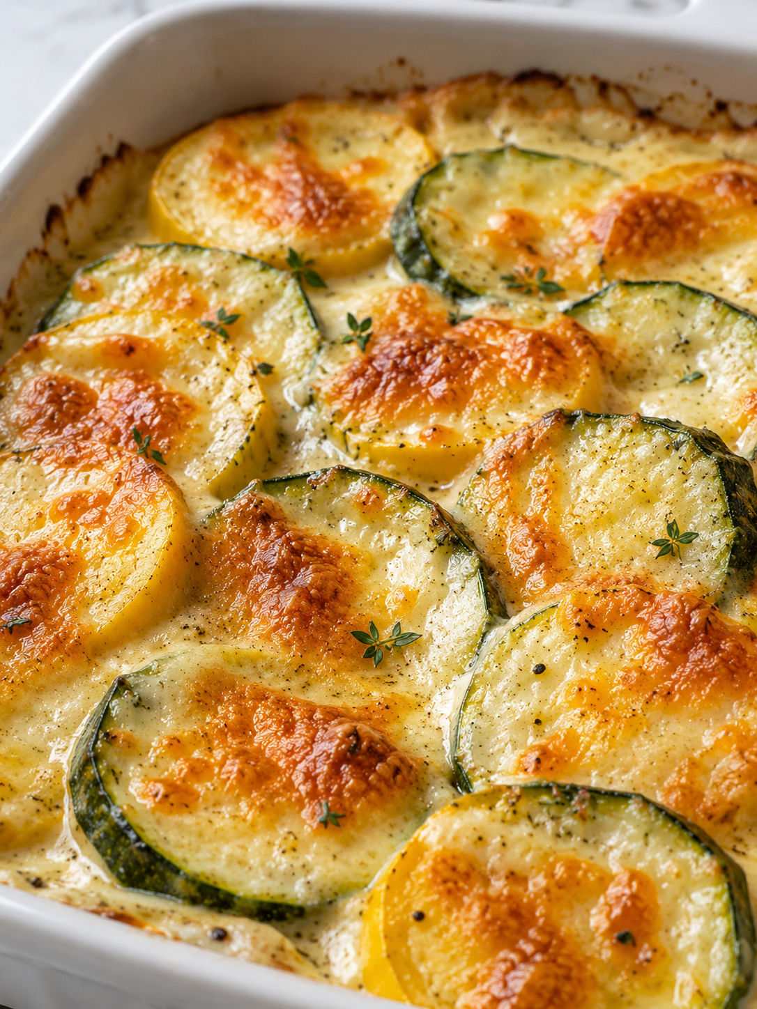 Creamy Zucchini and Yellow Squash Au Gratin, plated and served