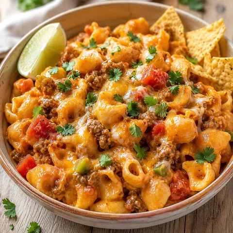 Creamy taco pasta shells with beef, cilantro, lime, and tortilla chips