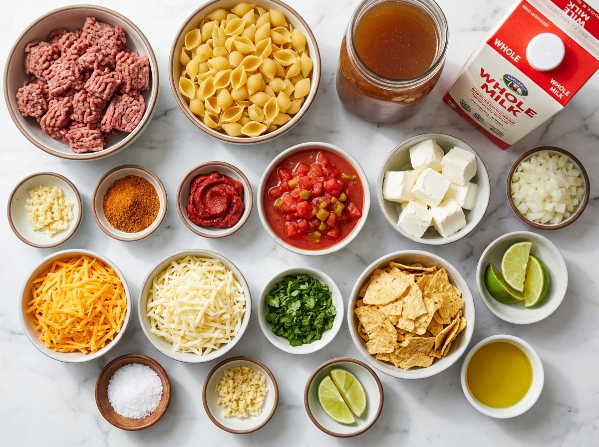 Ingredients for creamy taco pasta with beef, shells, cheese, tomatoes, and lime