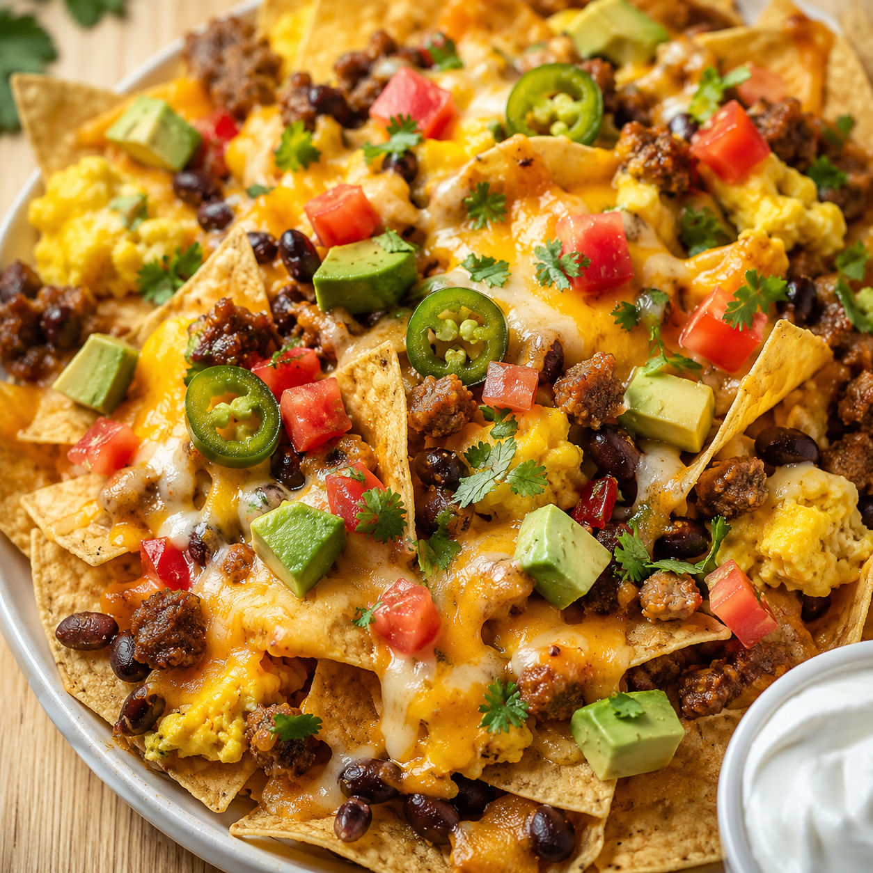 Breakfast nachos with eggs, sausage, cheese, avocado, and salsa