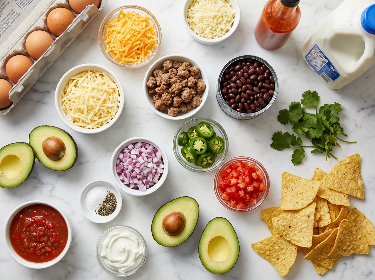Ingredients for breakfast nachos with eggs, sausage, chips, beans, and toppings