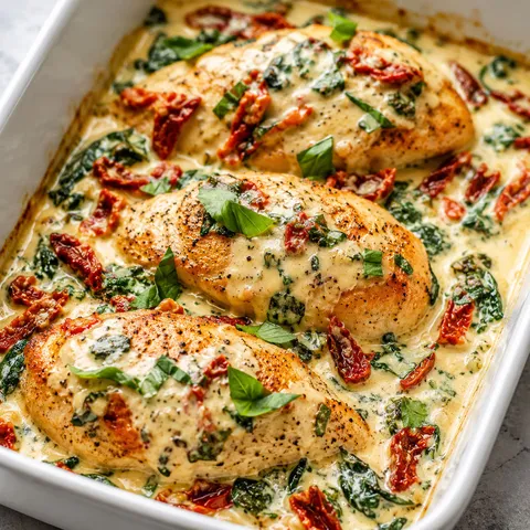 Baked Tuscan chicken with creamy sauce, spinach, sun-dried tomatoes, and basil