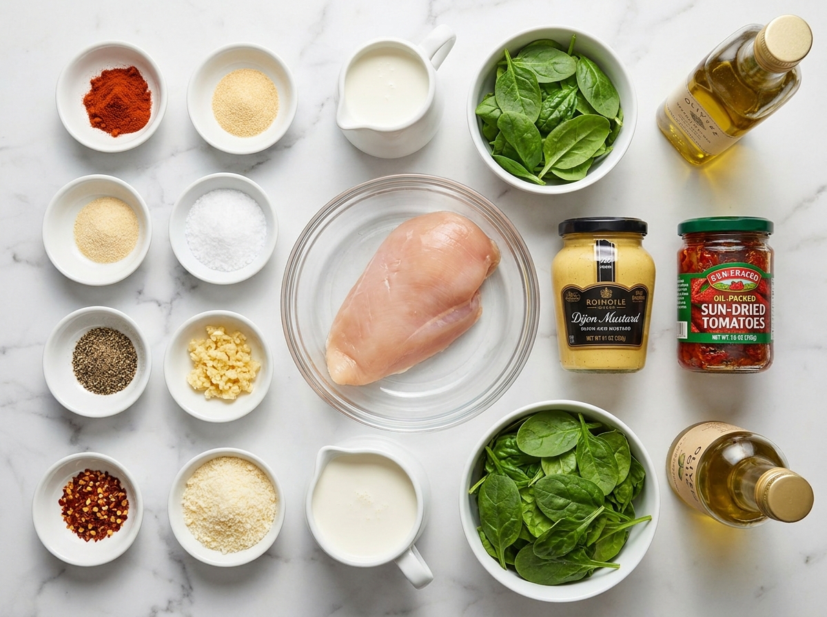 Ingredients for baked Tuscan chicken with spinach, cream, and sun-dried tomatoes