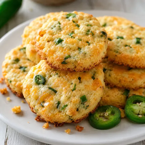 Crisp cheesy jalapeño shortbread rounds with cheddar and green pepper flecks