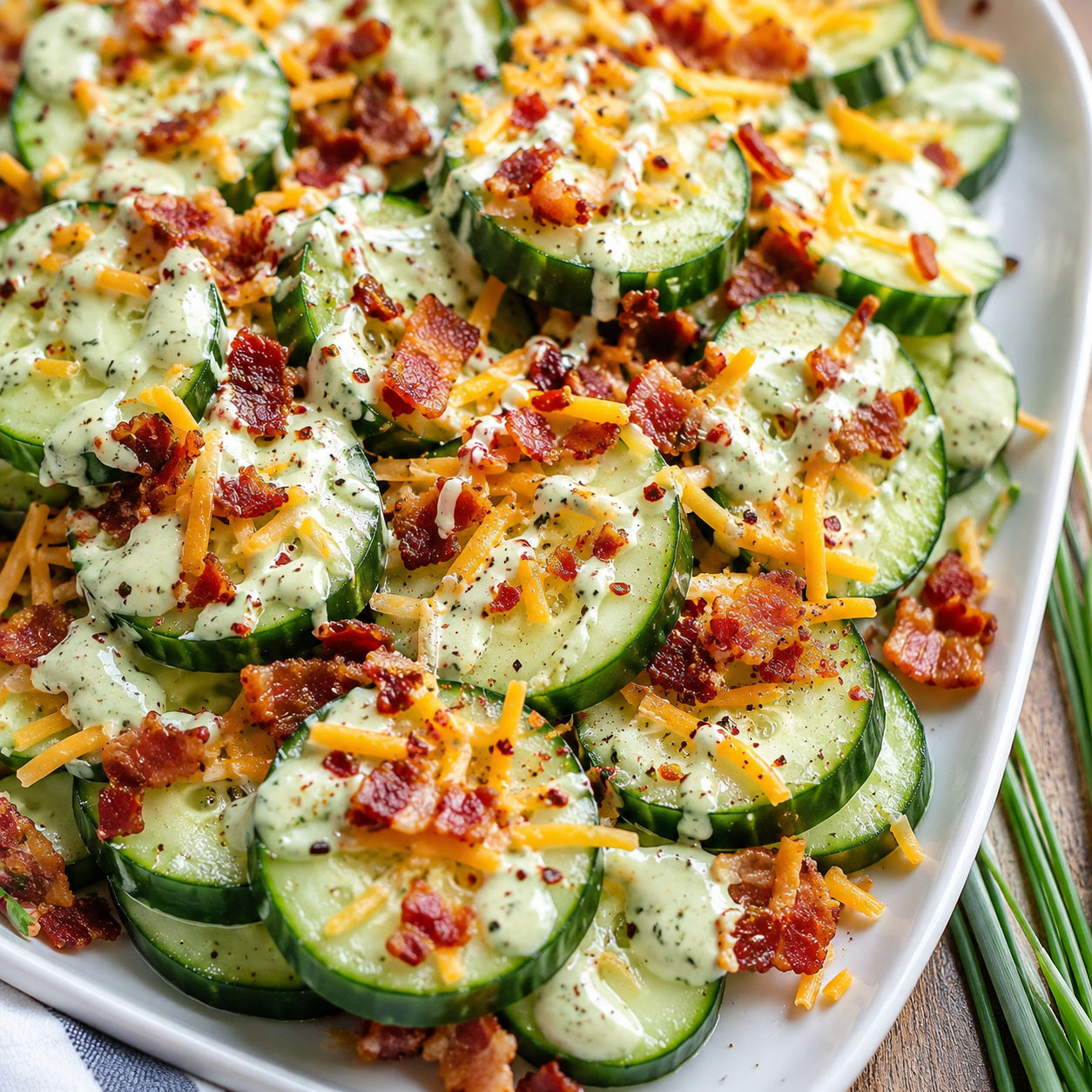 Cucumber rounds topped with cheddar, bacon, and avocado lime ranch