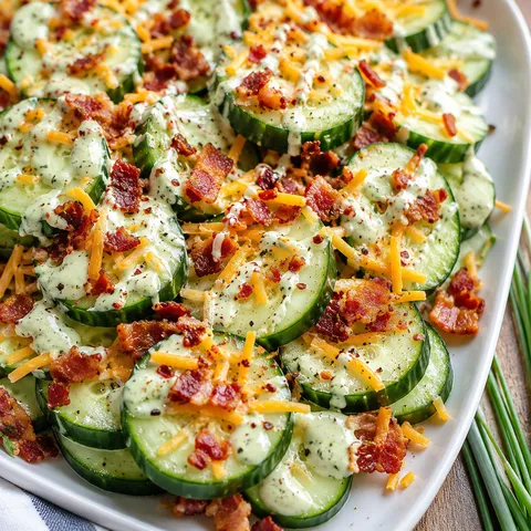 Cucumber rounds topped with cheddar, bacon, and avocado lime ranch