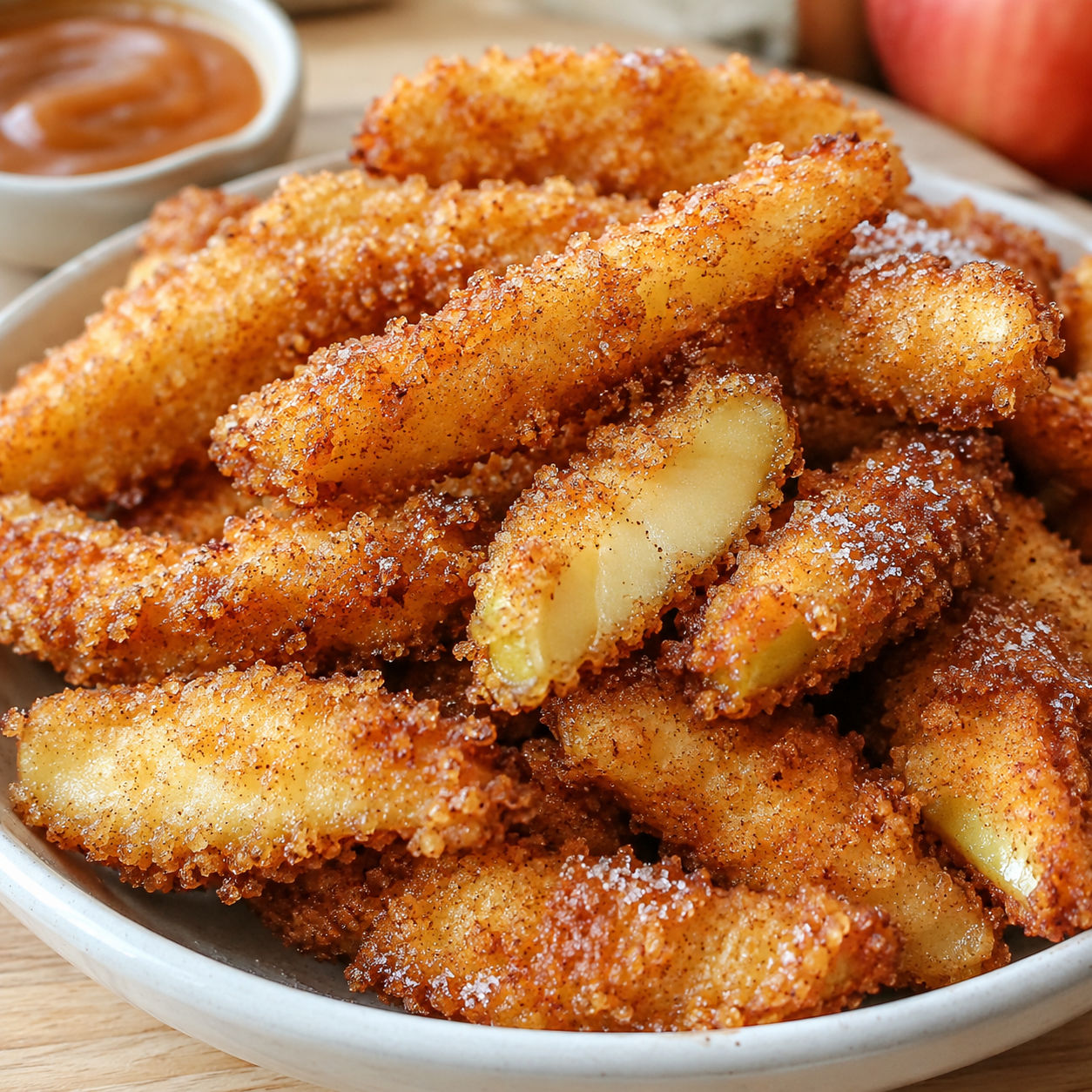 Crispy cinnamon sugar apple fries in a bowl with caramel sauce