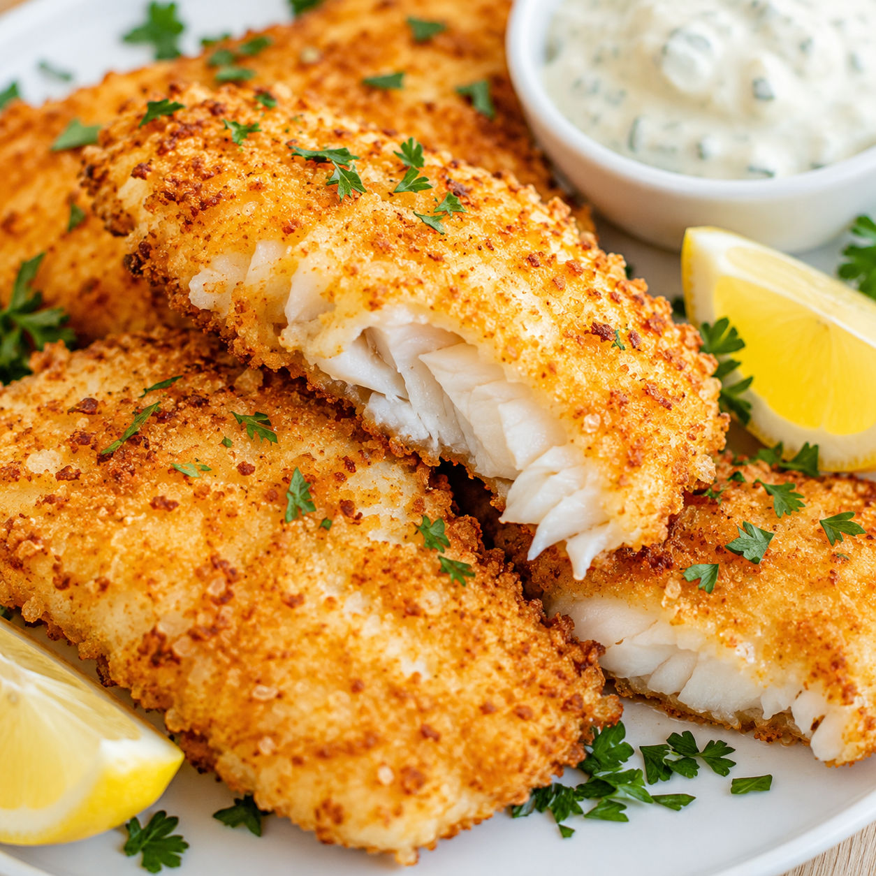 Crispy air fryer cod with lemon wedges and tartar sauce