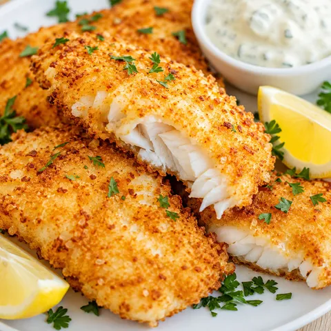 Crispy air fryer cod with lemon wedges and tartar sauce