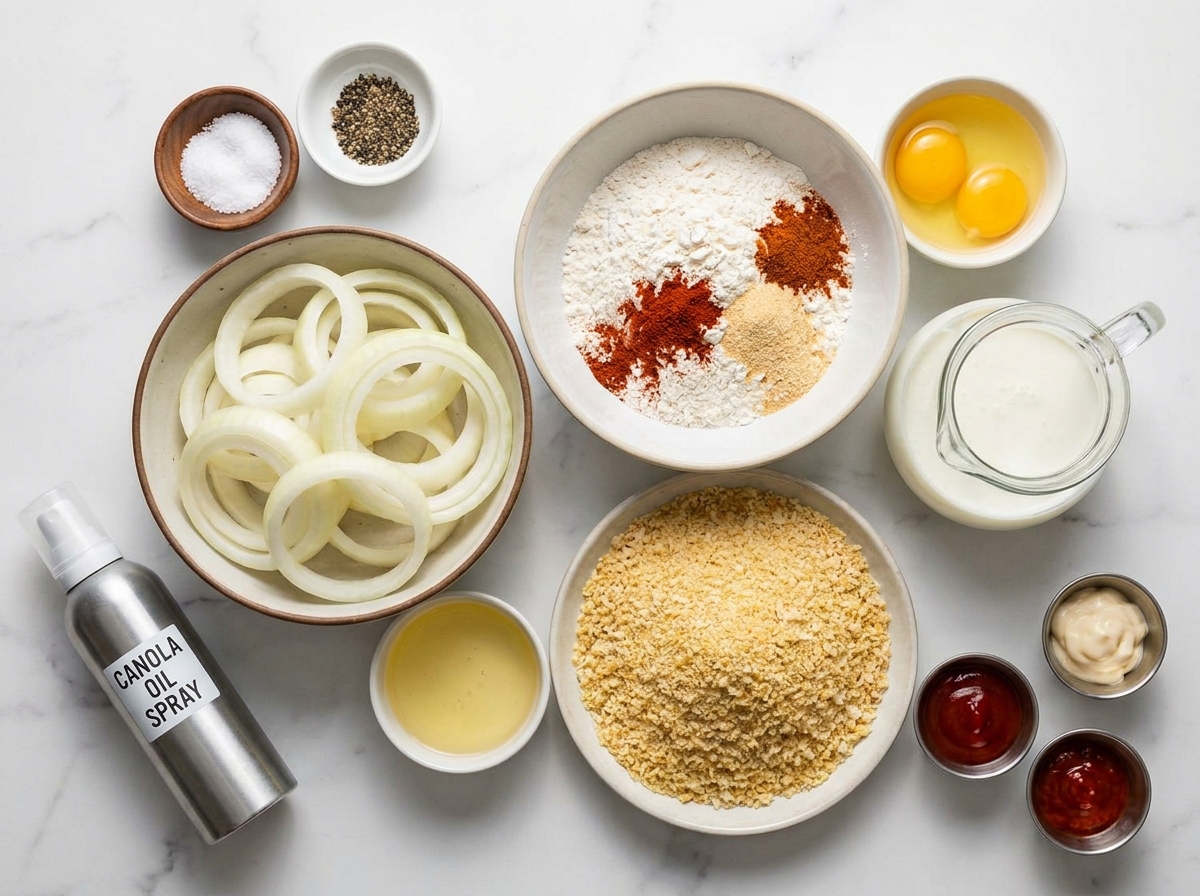 Ingredients for panko air fryer onion rings with onion, eggs, buttermilk, and crumbs