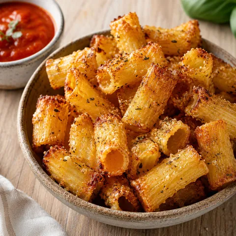 Golden crispy air fryer pasta chips with parmesan and herbs in a rustic bowl