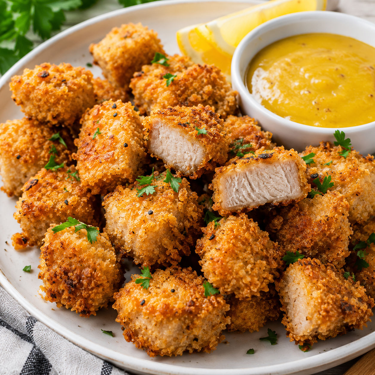 Crispy air fryer pork chop bites with honey mustard and lemon