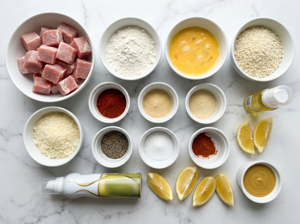 Ingredients for crispy air fryer pork chop bites on a wooden surface