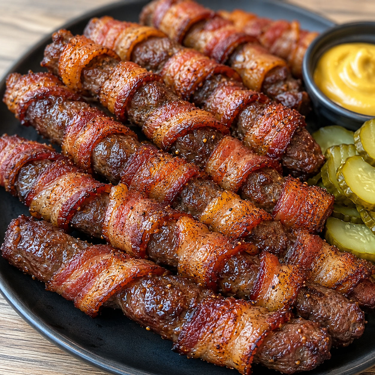 Crispy bacon wrapped beef twists with pickles and mustard