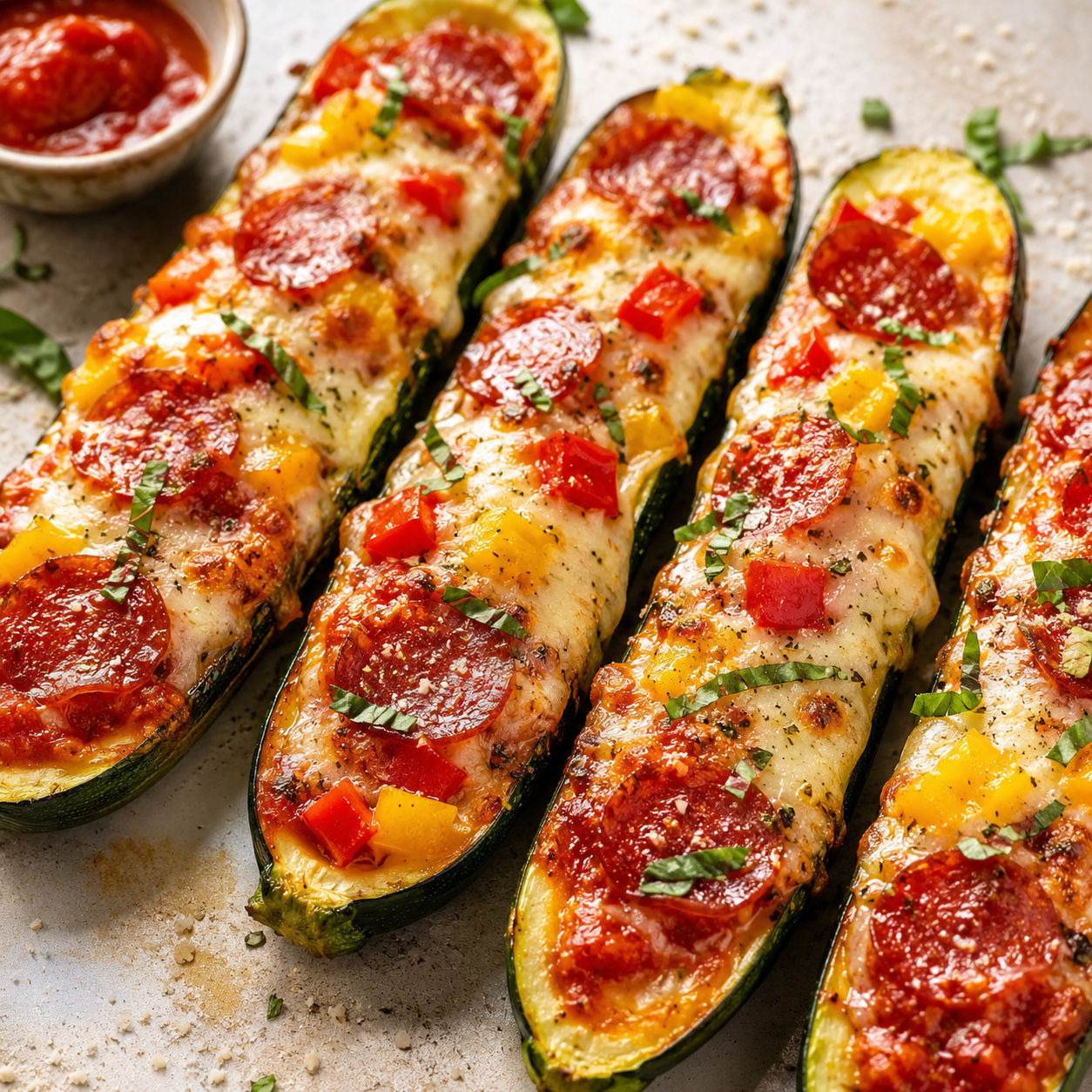 Crispy zucchini pizza boats with mozzarella, pepperoni, and basil