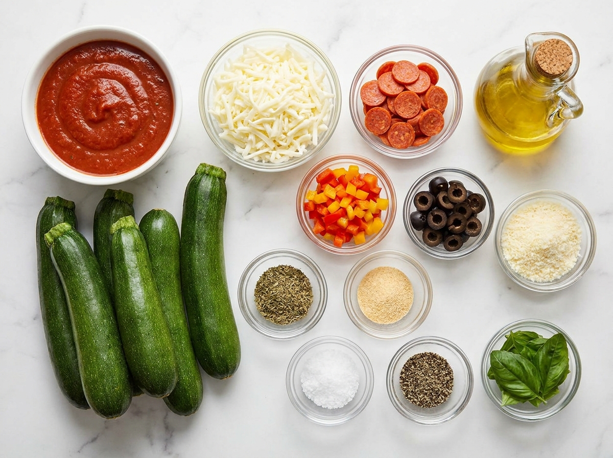 Ingredients for zucchini pizza boats with mozzarella and pepperoni
