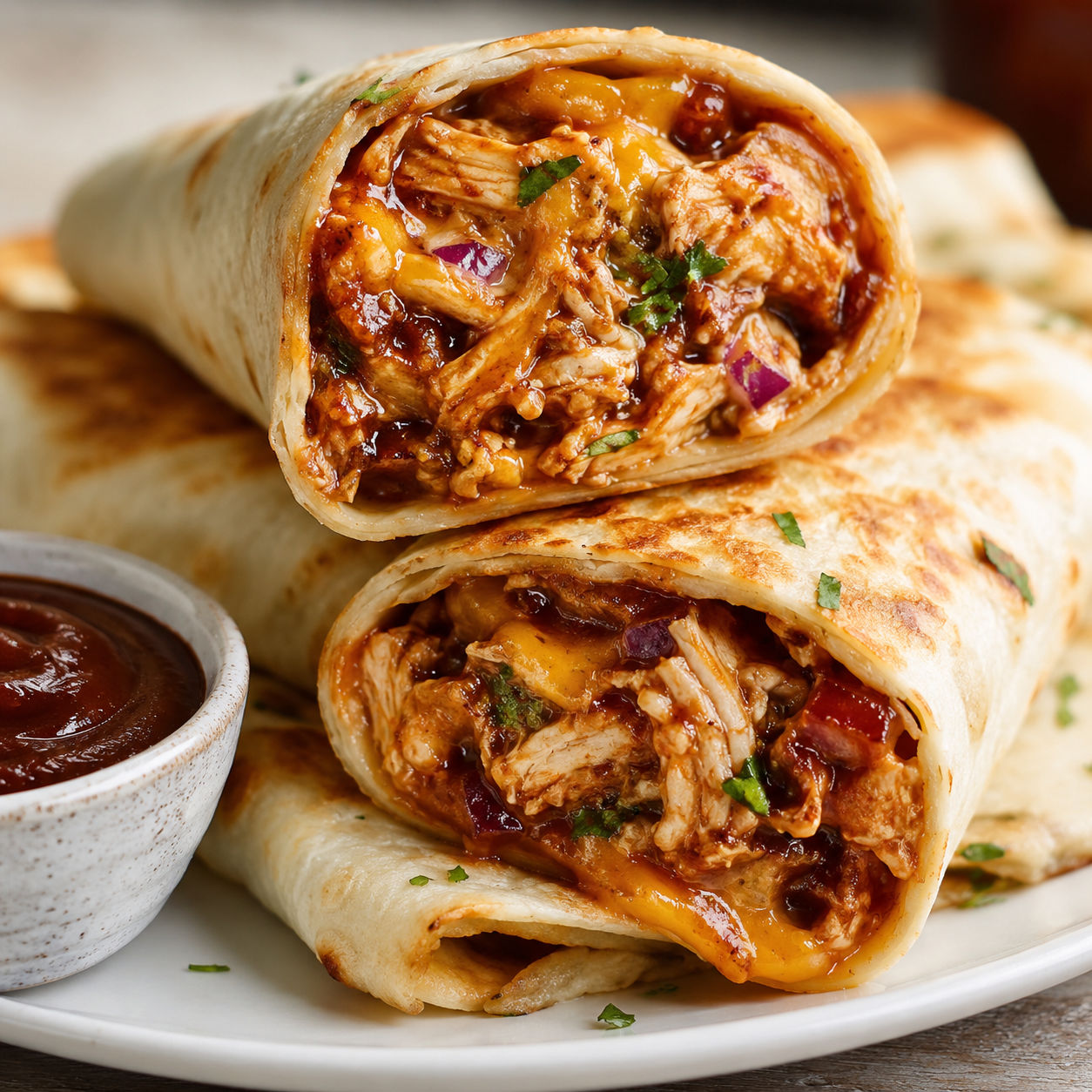 Crispy BBQ chicken cheddar wraps with melted cheese and sauce