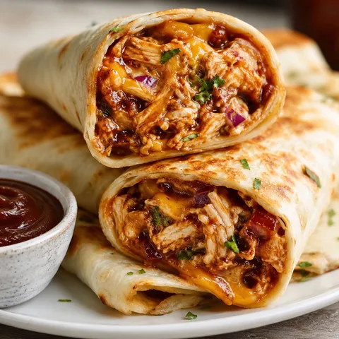 Crispy BBQ chicken cheddar wraps with melted cheese and sauce