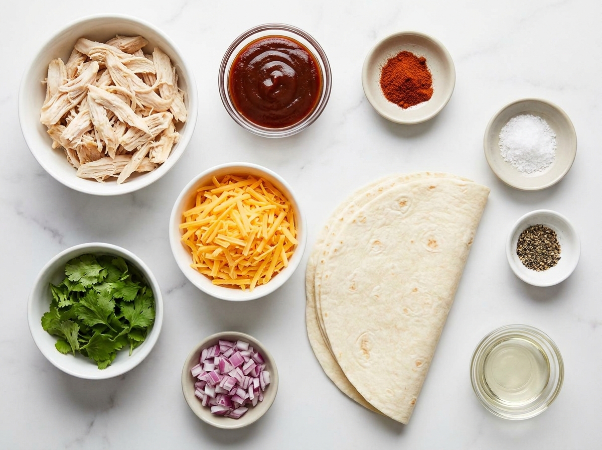 Ingredients for BBQ chicken cheddar wraps with tortillas and cheese