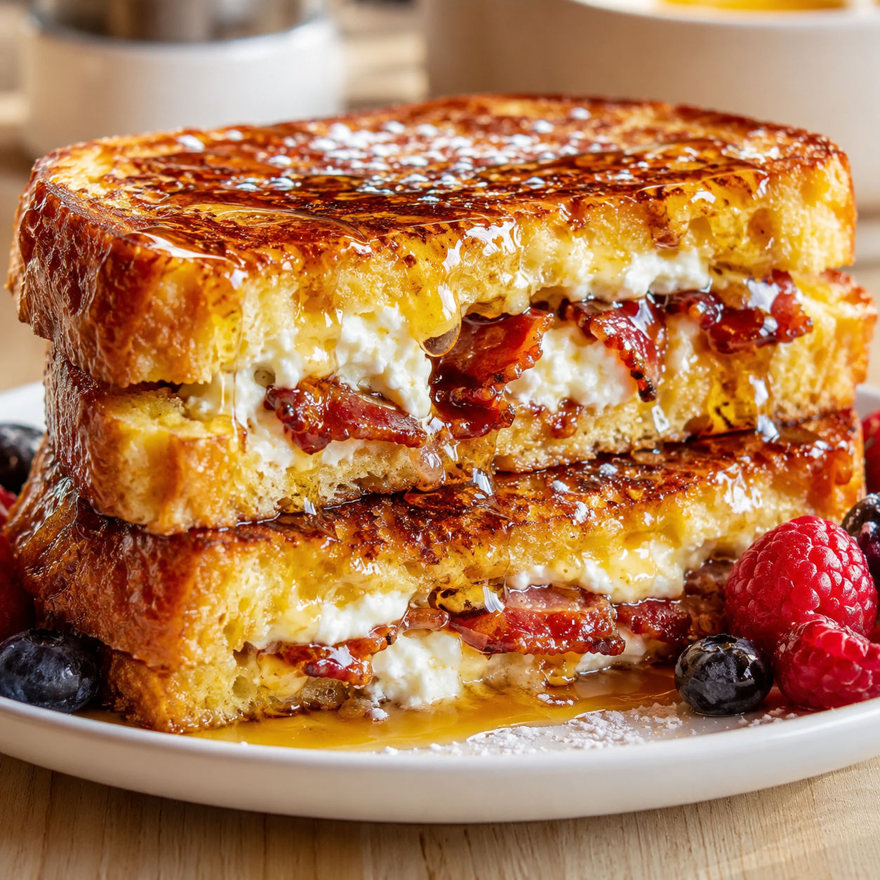 Crispy bacon stuffed French toast with maple syrup and berries
