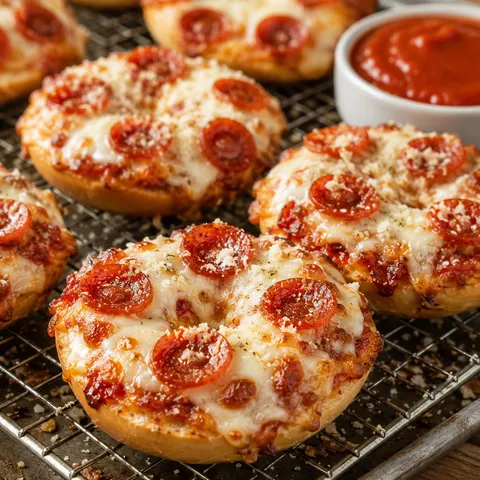 Crispy mini bagel bites with melted cheese and pepperoni on a wire rack