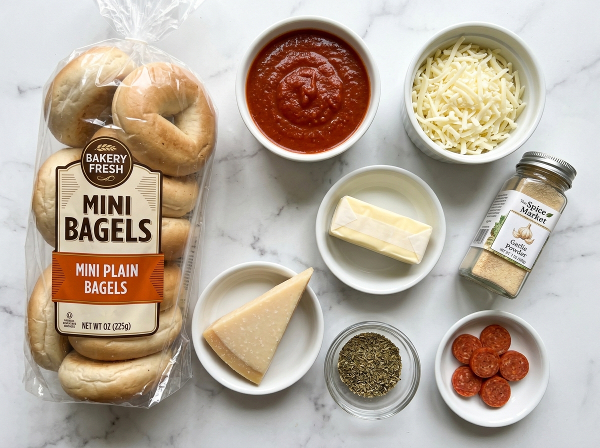 Raw ingredients for crispy bagel bites on a wooden surface