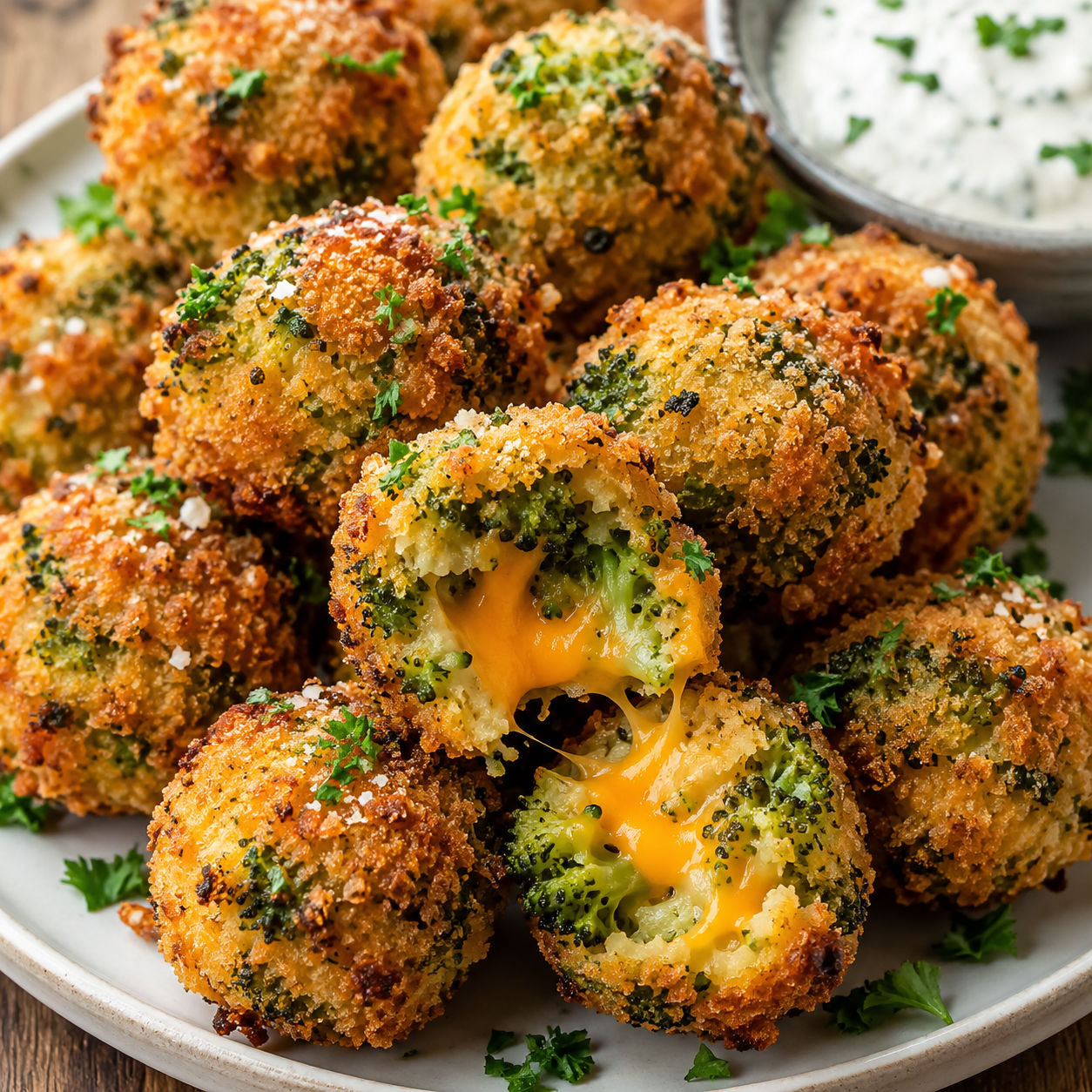 Crispy broccoli cheese balls with melted cheddar and creamy dip
