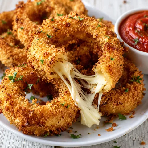 Crispy baked mozzarella onion rings with marinara sauce