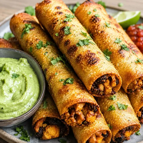 Crispy vegan taquitos with avocado crema, cilantro, and lime