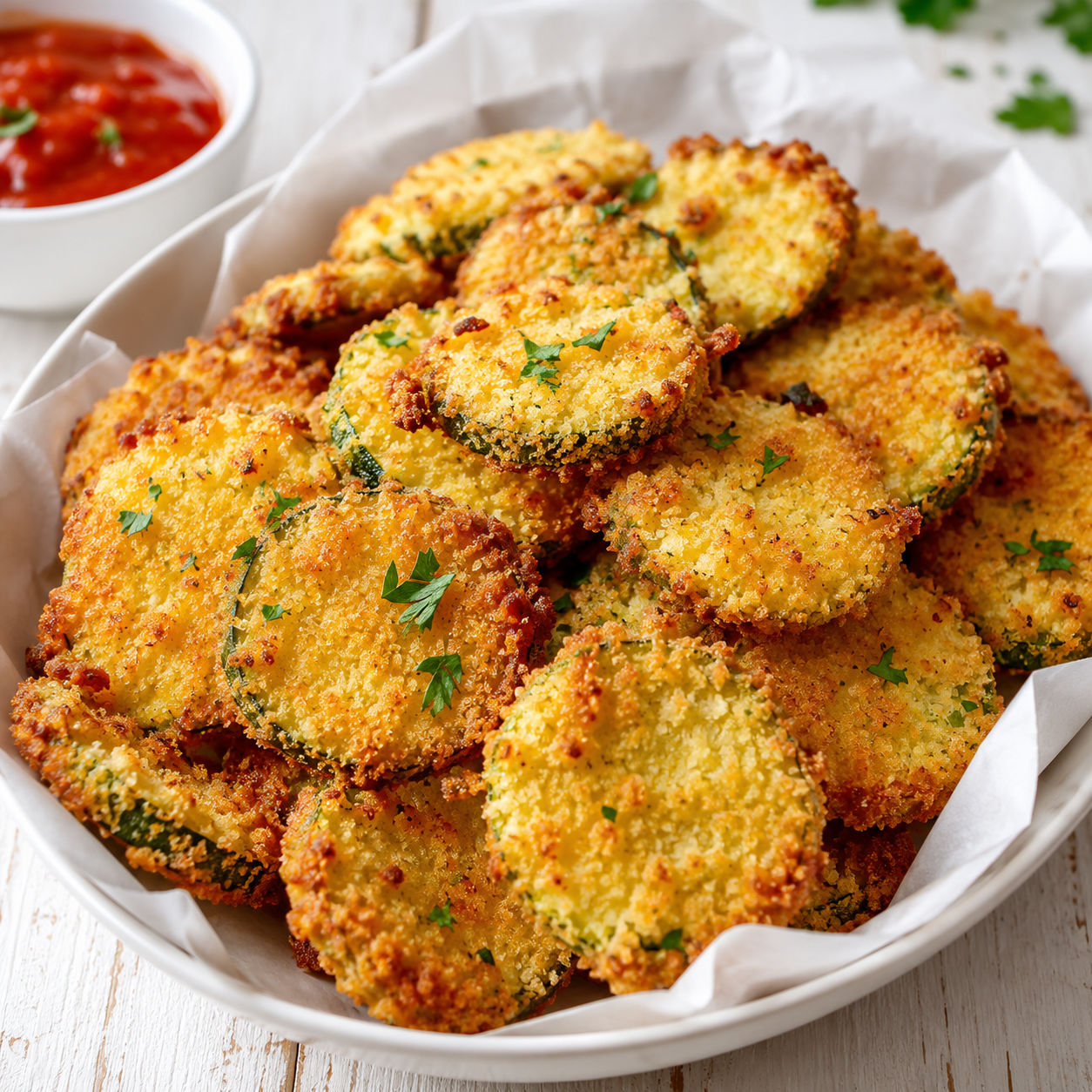 Crispy baked zucchini chips with marinara and parsley