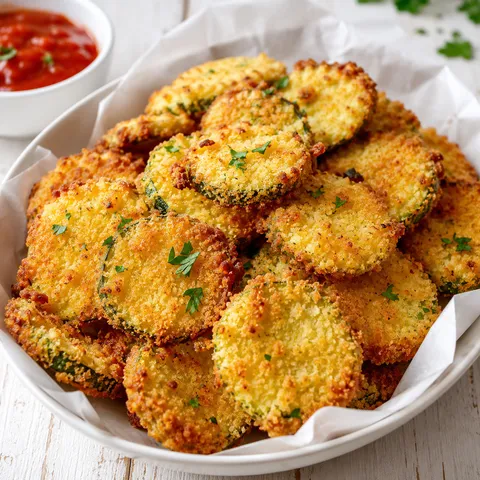 Crispy baked zucchini chips with marinara and parsley
