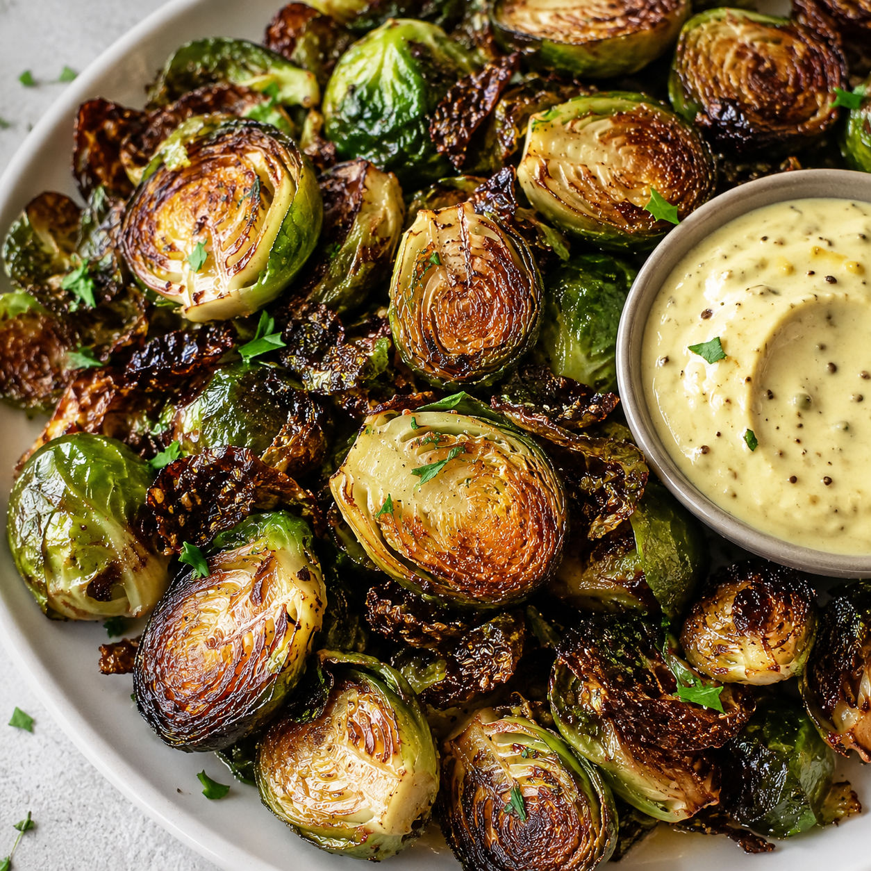 Crispy Brussels sprouts with Dijon aioli dip and parsley
