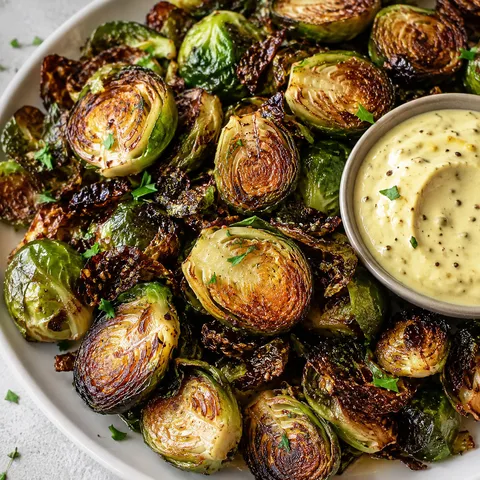 Crispy Brussels sprouts with Dijon aioli dip and parsley
