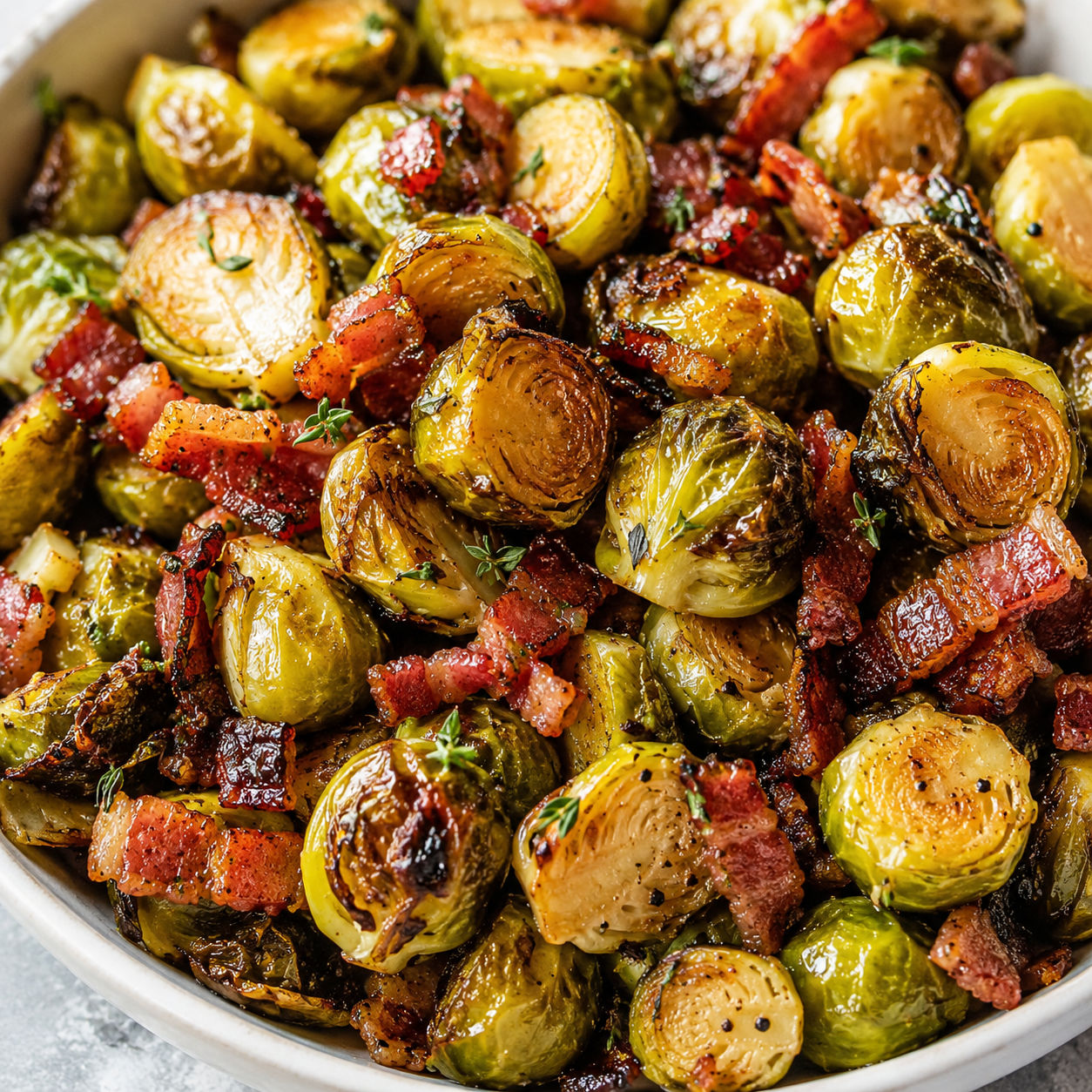 Crispy honey bacon Brussels sprouts in a white serving bowl