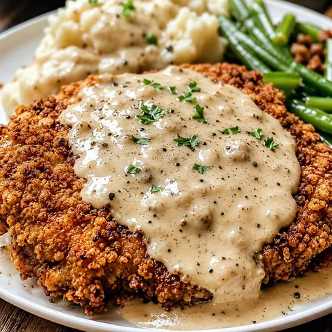 Chicken fried steak with country gravy on a plate with mashed potatoes