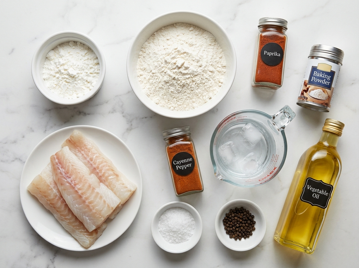 Raw cod fillets, flour, cornstarch and spices arranged for battered fish