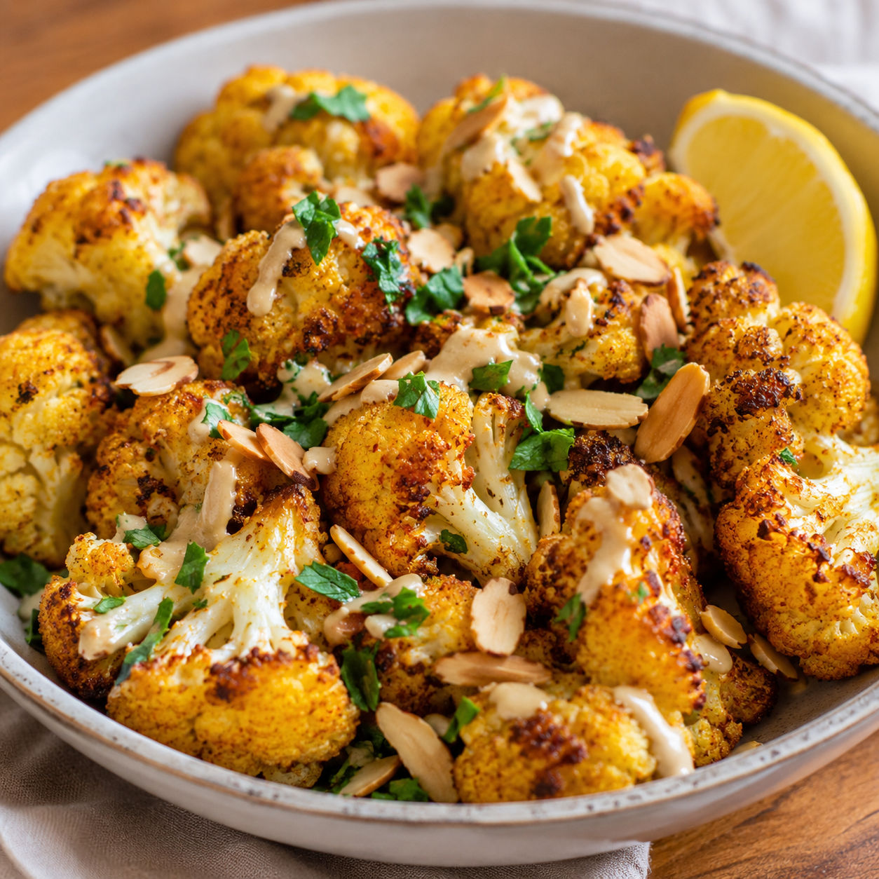 Golden roasted cauliflower with cilantro, almonds, and tahini drizzle