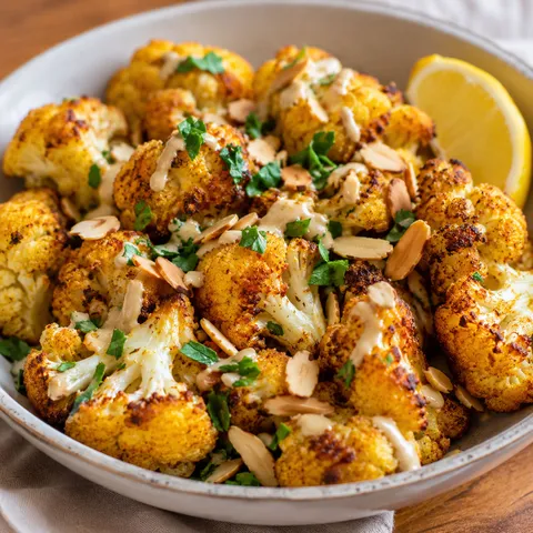 Golden roasted cauliflower with cilantro, almonds, and tahini drizzle