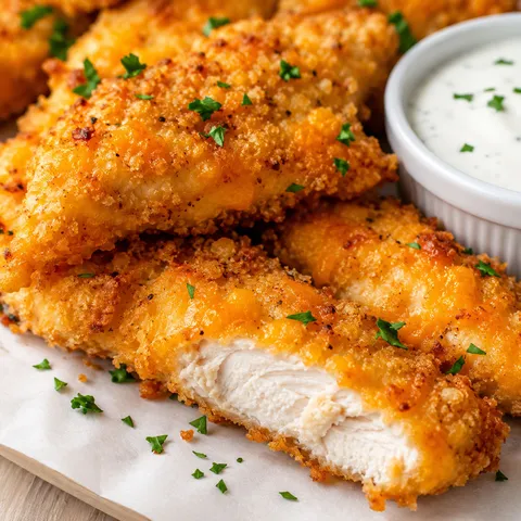 Crispy cheddar cheese chicken tenders with ranch dip and parsley