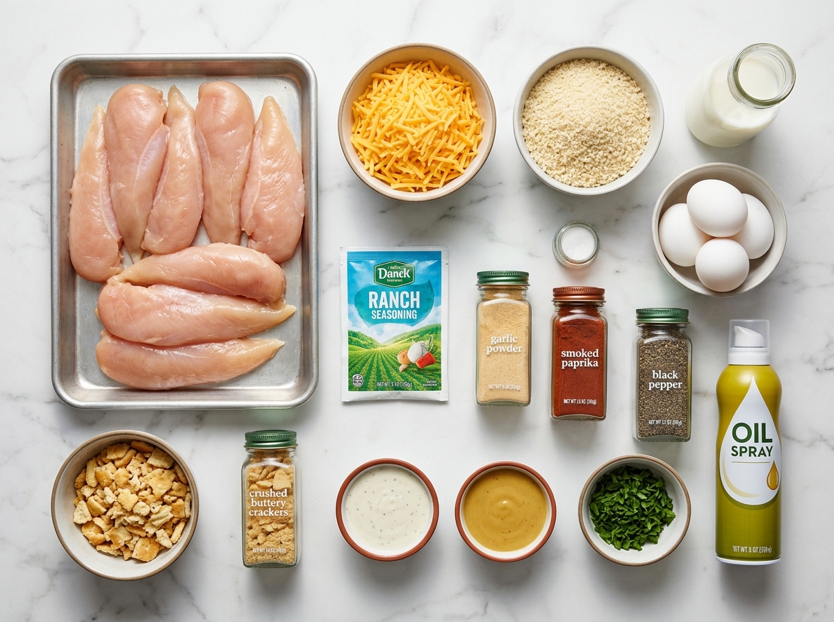 Ingredients for crispy cheddar cheese chicken tenders on a wooden counter