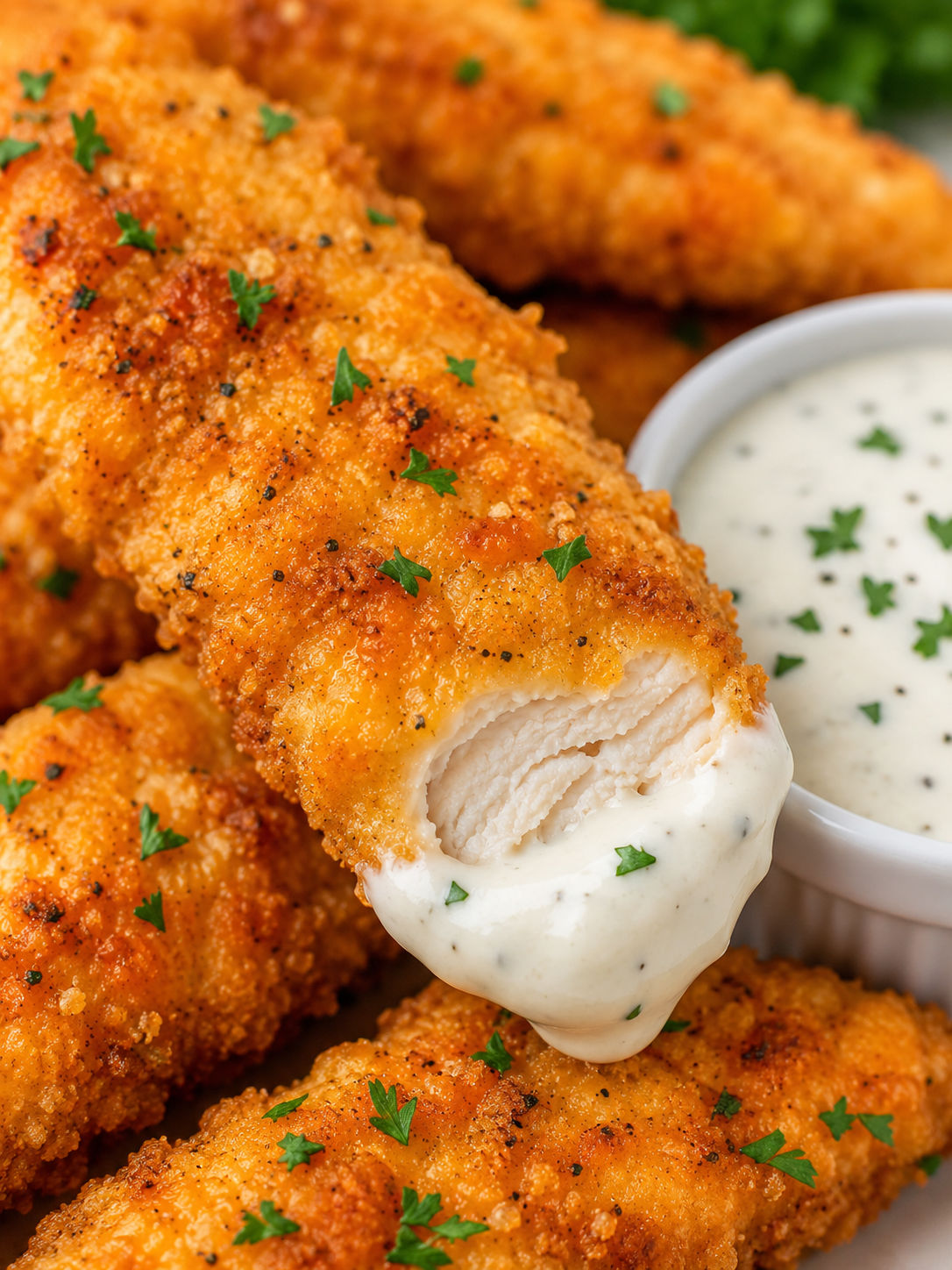 Crispy Cheddar Cheese Chicken Tenders, plated and served