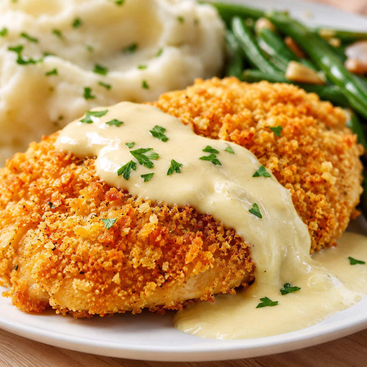 Crispy cheddar chicken with creamy sauce and parsley on a white plate