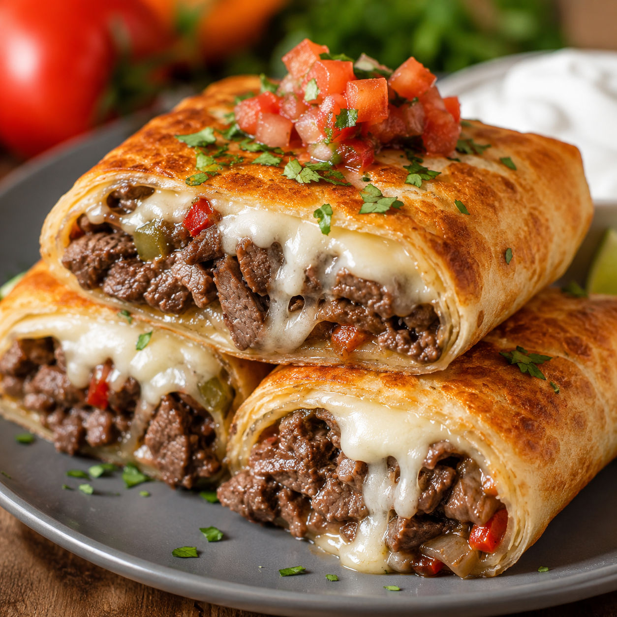 Crispy cheese steak chimichangas with melted cheese and salsa