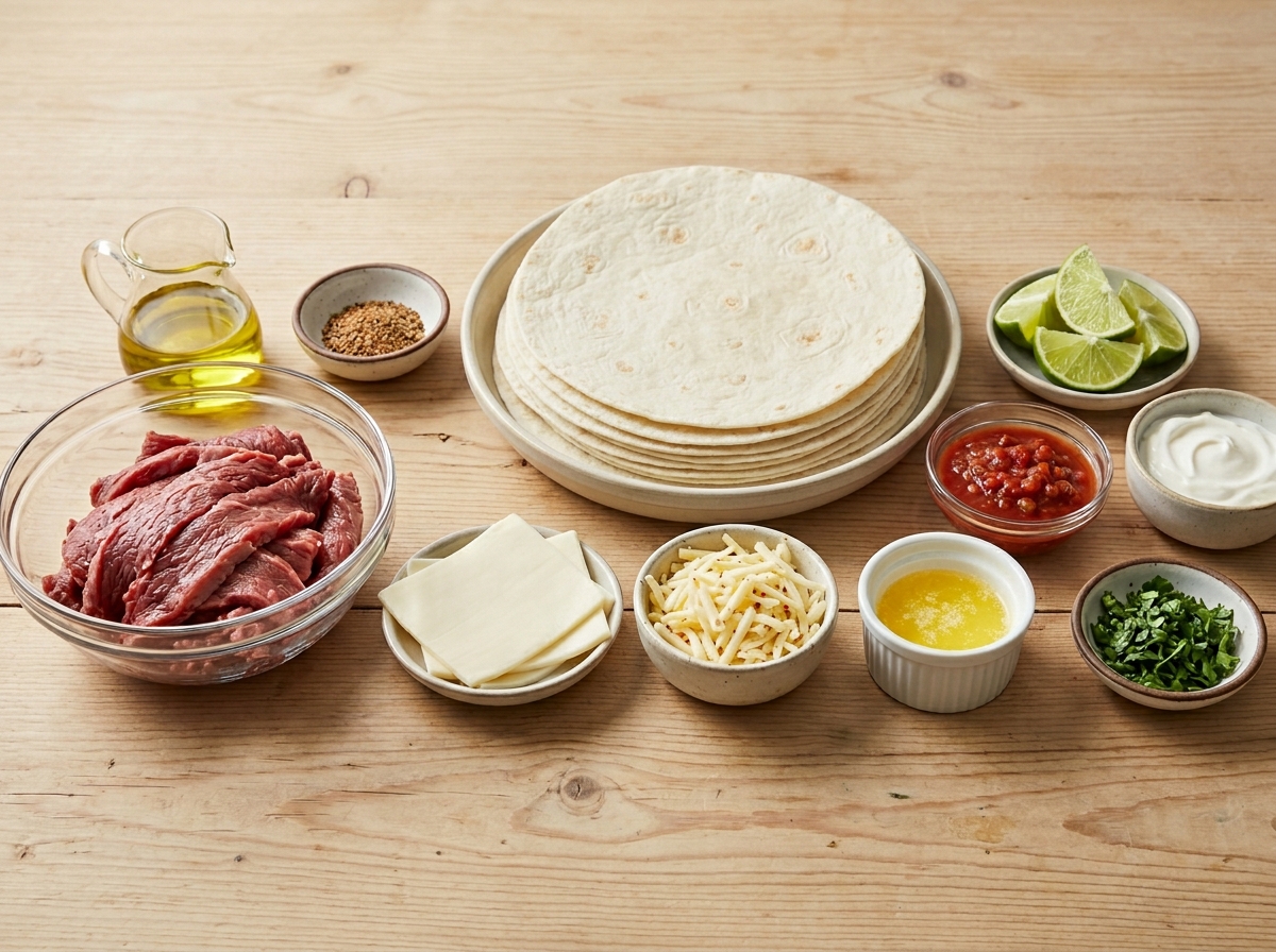 Steak, cheese, tortillas, butter, salsa, sour cream, cilantro, and lime