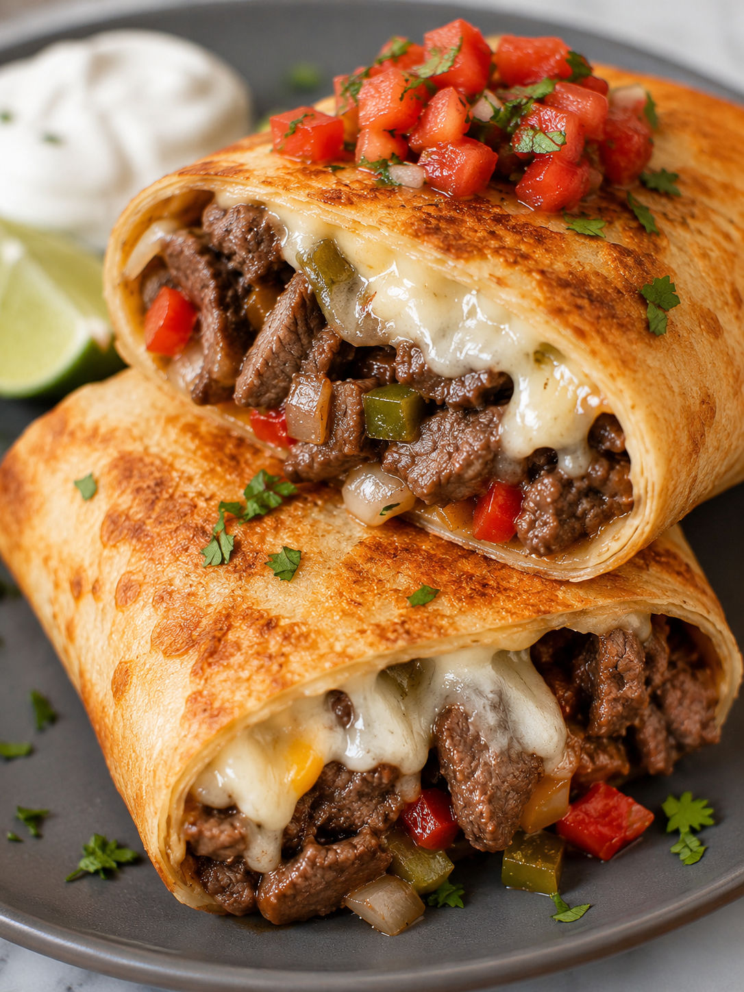 Crispy Cheese Steak Chimichangas, plated and served