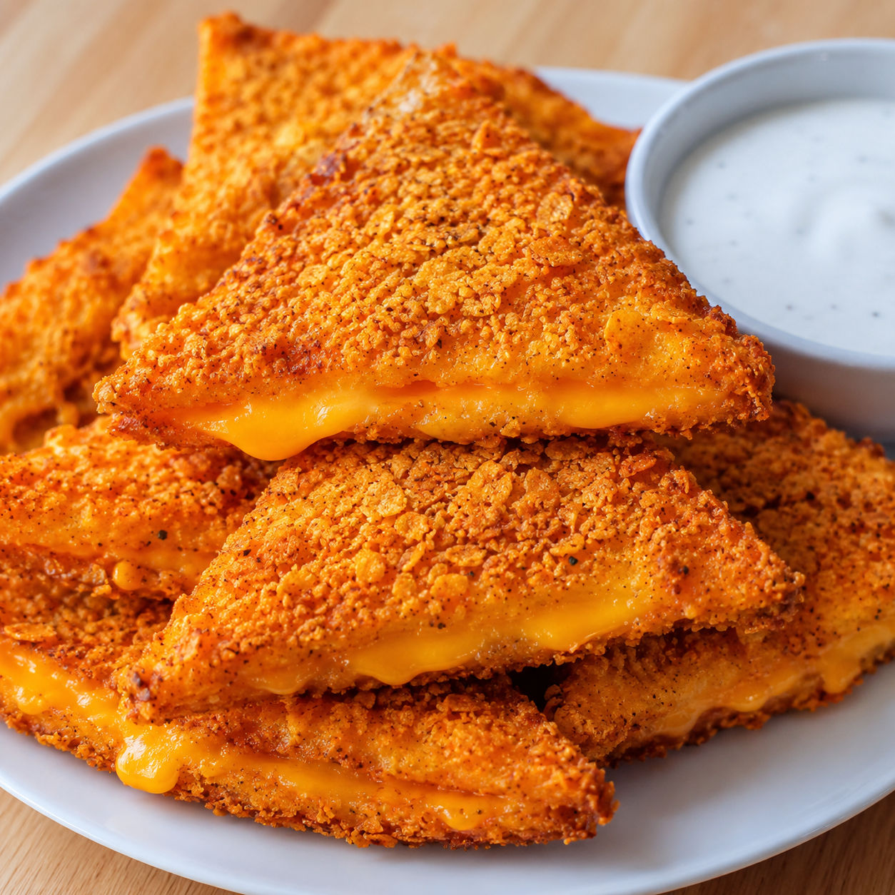 Crispy fried cheese stuffed Doritos with ranch dressing on a white plate