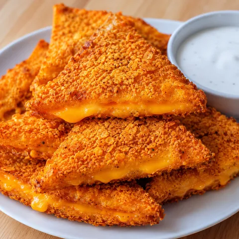Crispy fried cheese stuffed Doritos with ranch dressing on a white plate