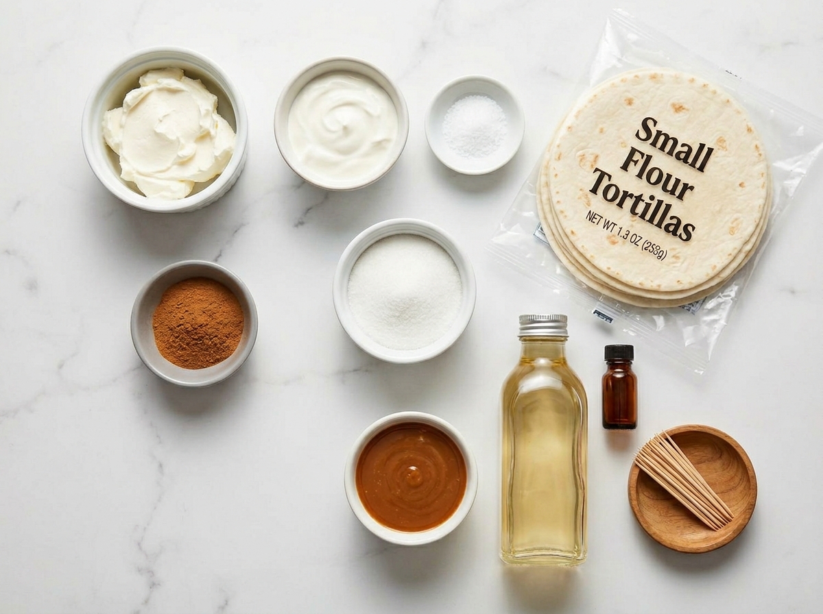 Ingredients for cinnamon sugar cheesecake chimichangas on a kitchen counter